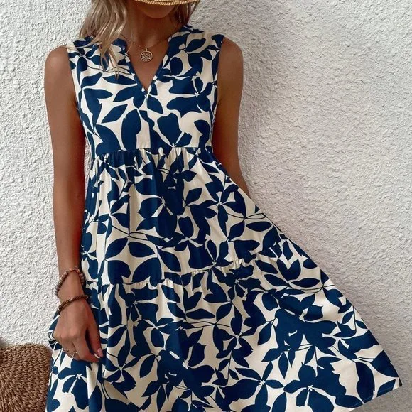 Boho Allover Plant Print Notch Neck Ruffle Hem Dress - Picture 5 of 5